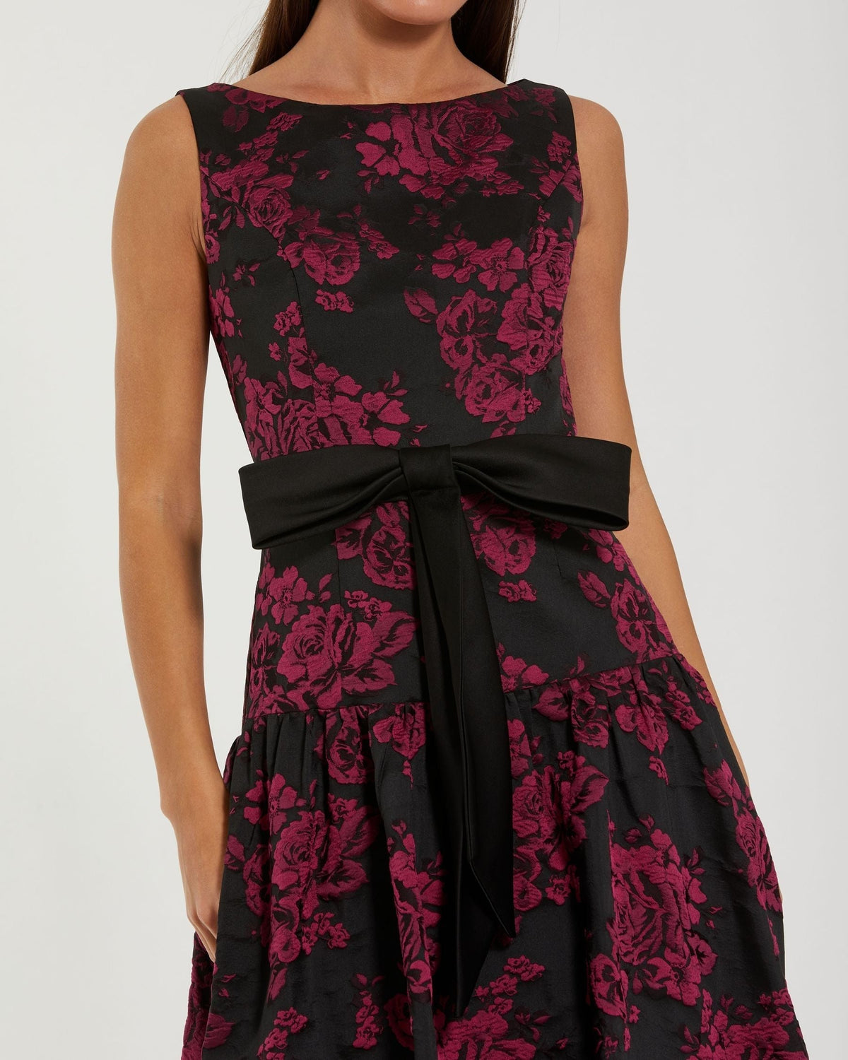 Black Brocade Drop Waist Midi Dress With Satin Bow