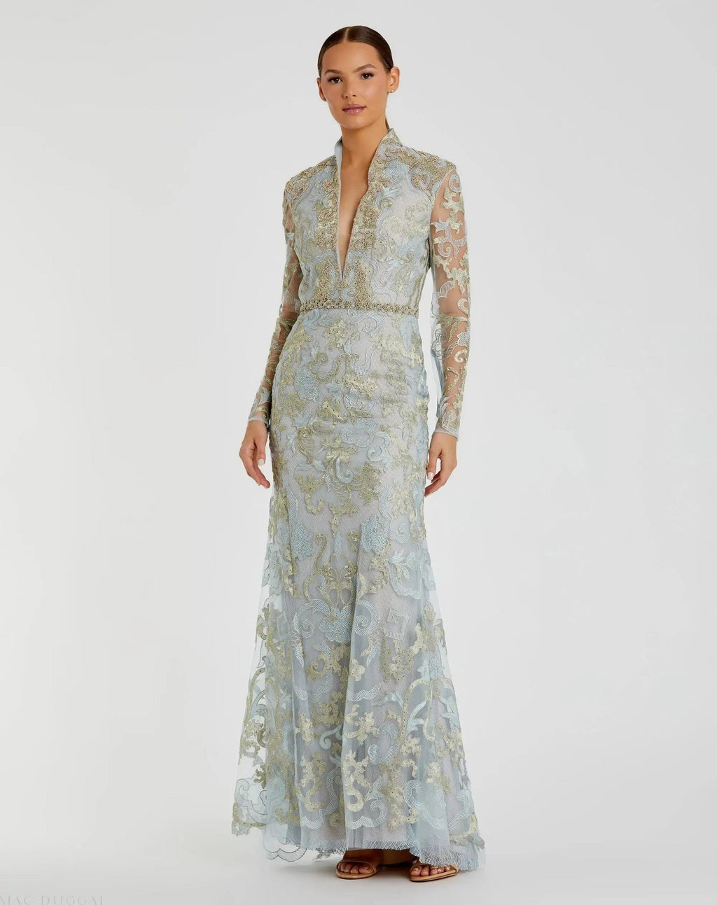 Powder Blue Queen Anne Lace Long Sleeve V-Neck Trumpet Gown