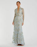 Powder Blue Queen Anne Lace Long Sleeve V-Neck Trumpet Gown