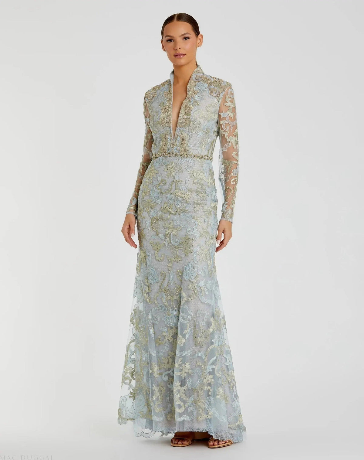Powder Blue Queen Anne Lace Long Sleeve V-Neck Trumpet Gown