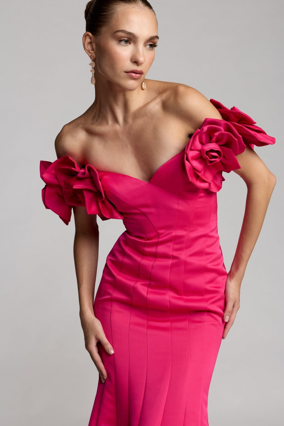 Hot Pink Off The Shoulder Gown With 3D Floral Sleeves