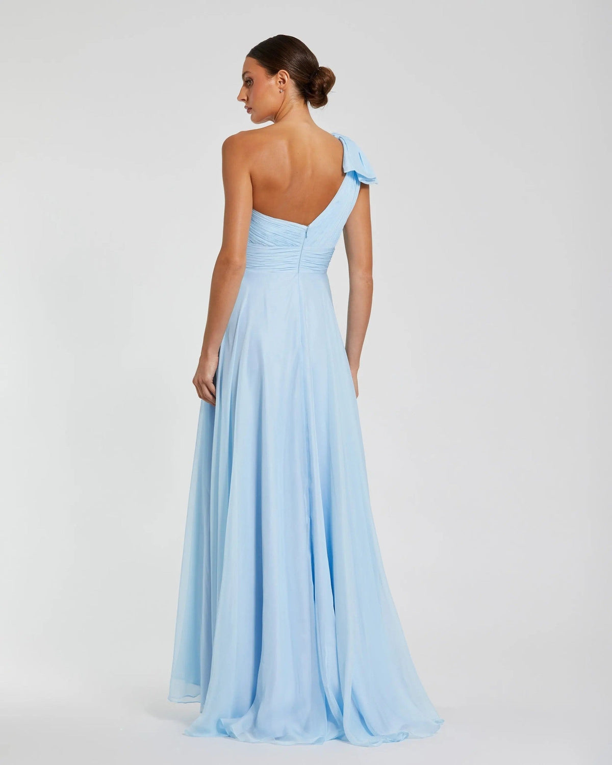 Blue One Shoulder Pleated Evening Gown with Bow