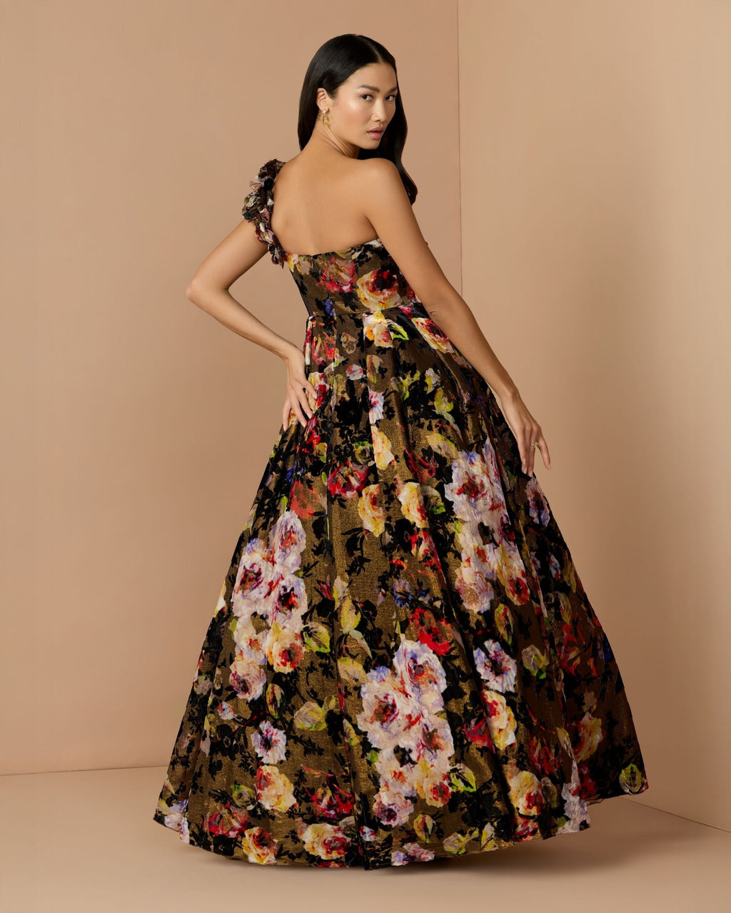 Black Multi Floral Velvet Ball Gown With Pockets