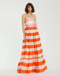 Multicolor Striped Organza Strapless Ruffle Gown