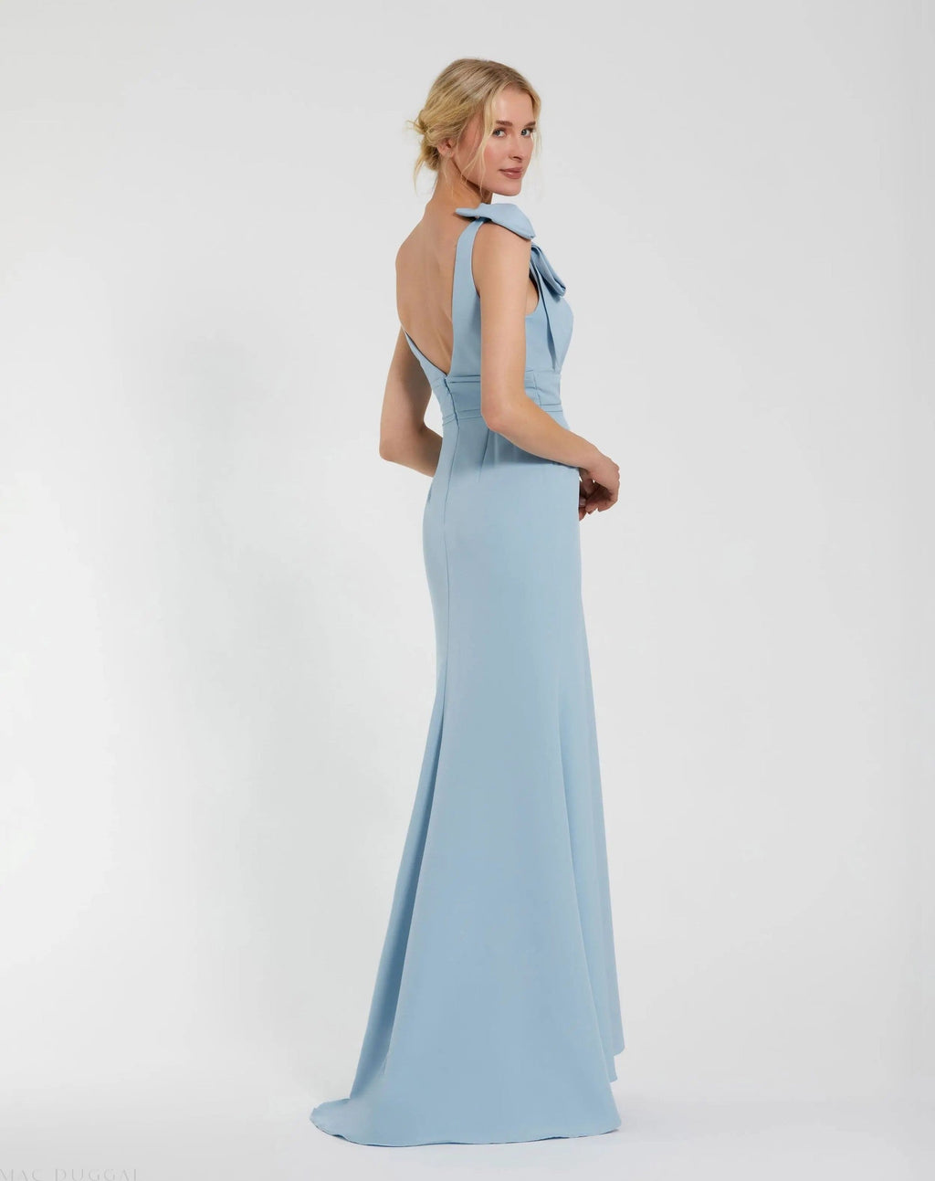 Powder Blue Sleeveless V Neck Bow Detail Mermaid Gown