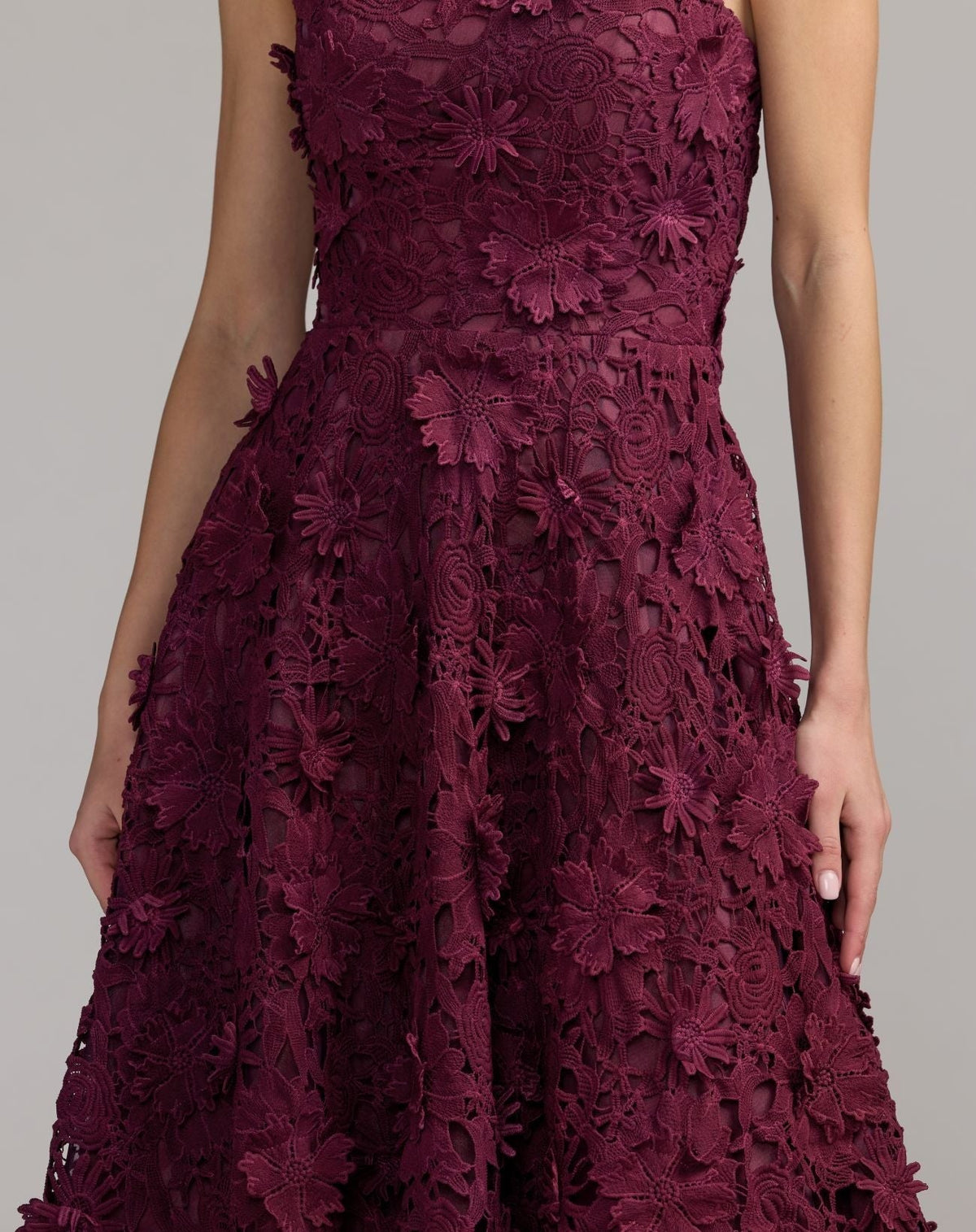 Plum Strapless Floral Embroidered Lace A-Line Dress