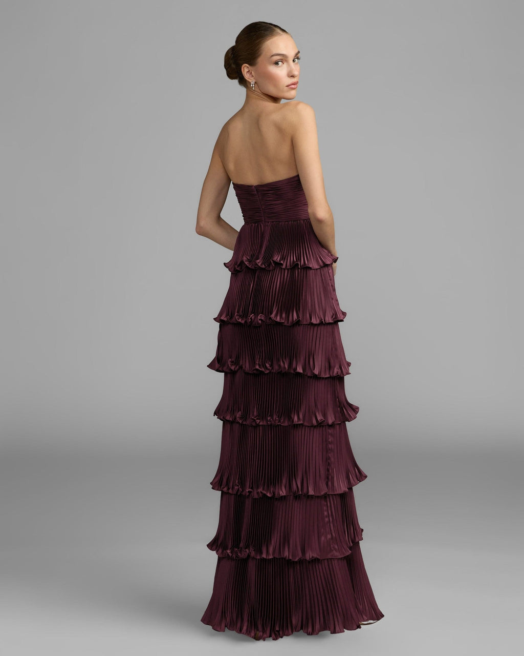 Aubergine Strapless Pleated Charmeuse Tiered Ruffle Gown