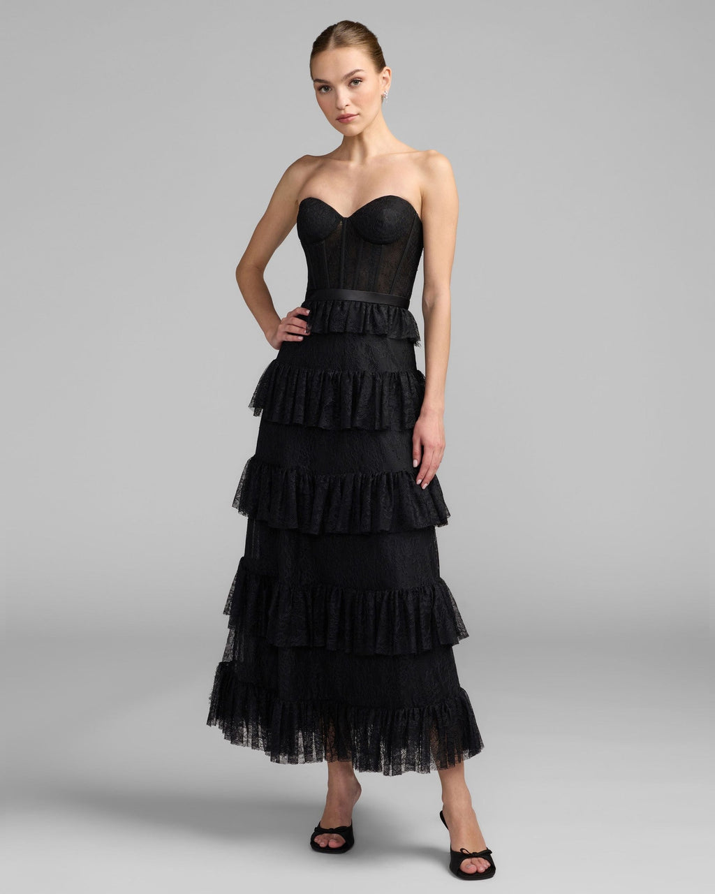 Black Strapless Tiered Lace Midi Dress