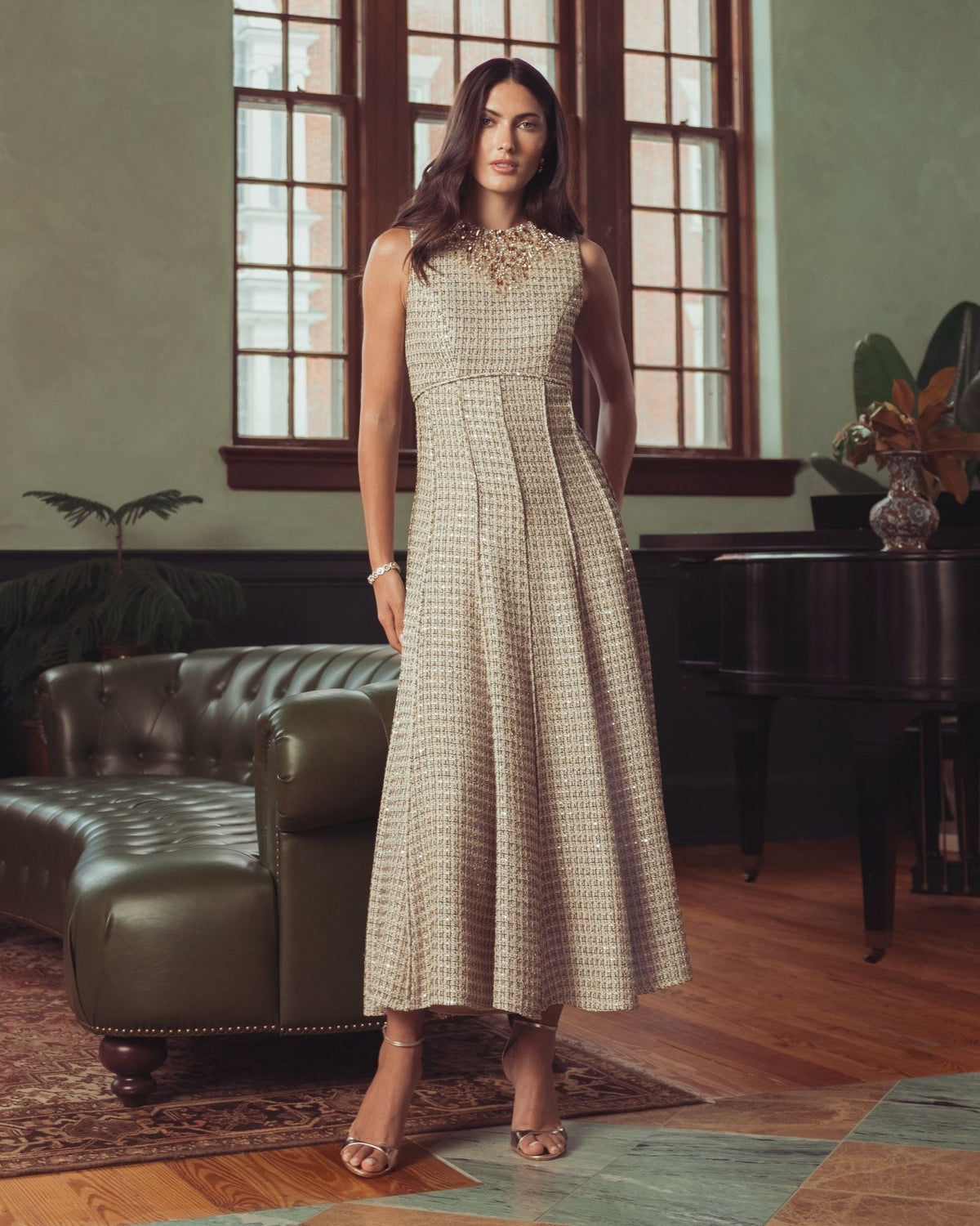 Nude Gold Embellished Boucle Sleeveless A-Line Dress