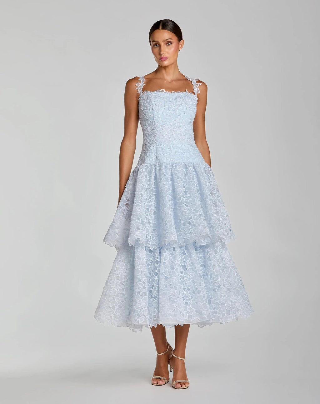 Powder Blue Sleeveless Embroidered Lace Tiered Midi Dress
