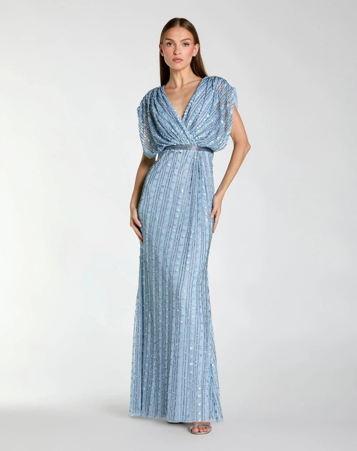 Blue Embellished Blouson V Neck Column Gown