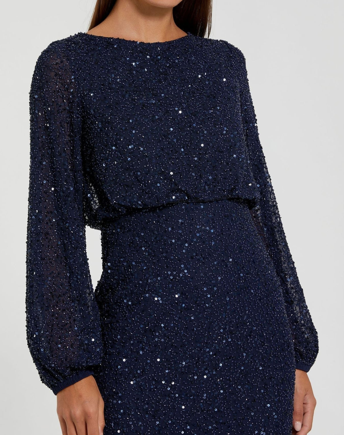 Navy Sequin Blouson Long Sleeve Gown