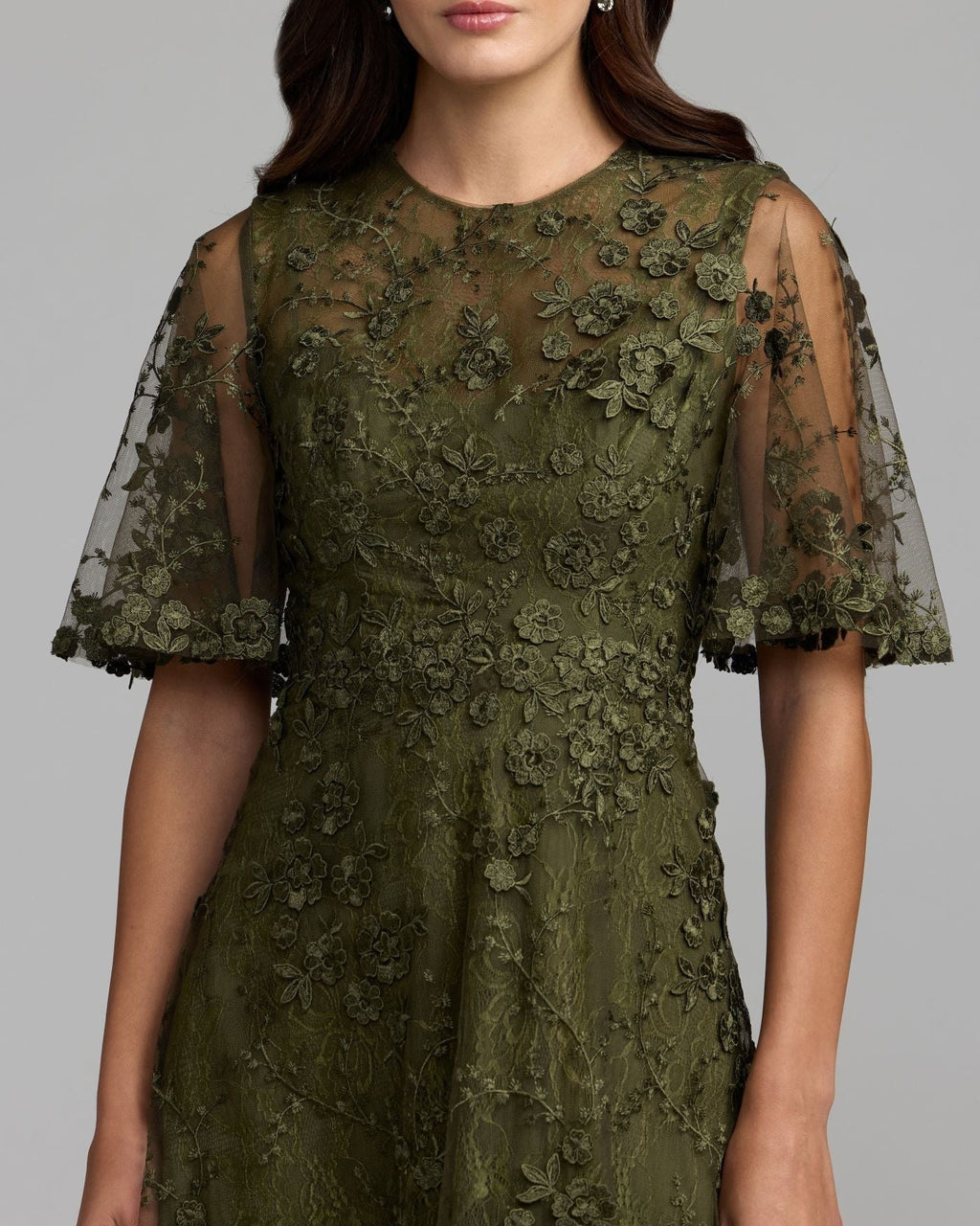 Olive Flutter Sleeve Embroidered Midi Dress