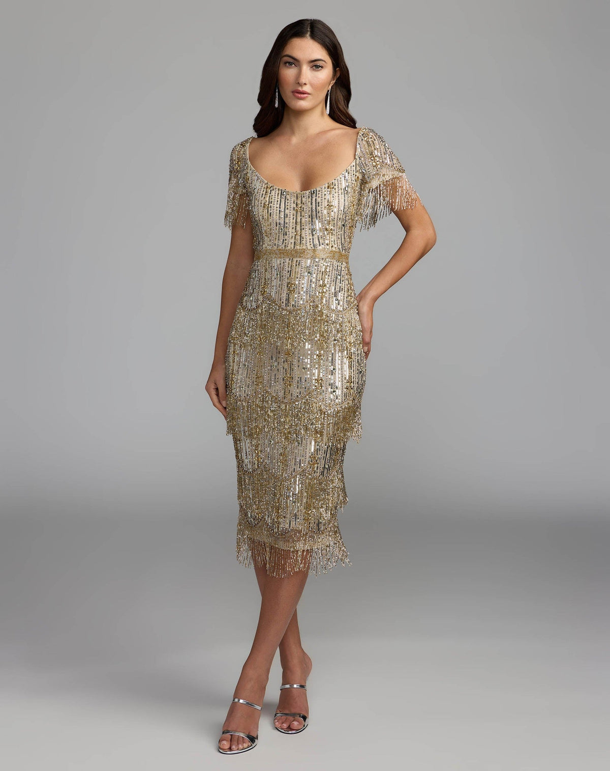Light Gold Beaded Fringe Midi Dress