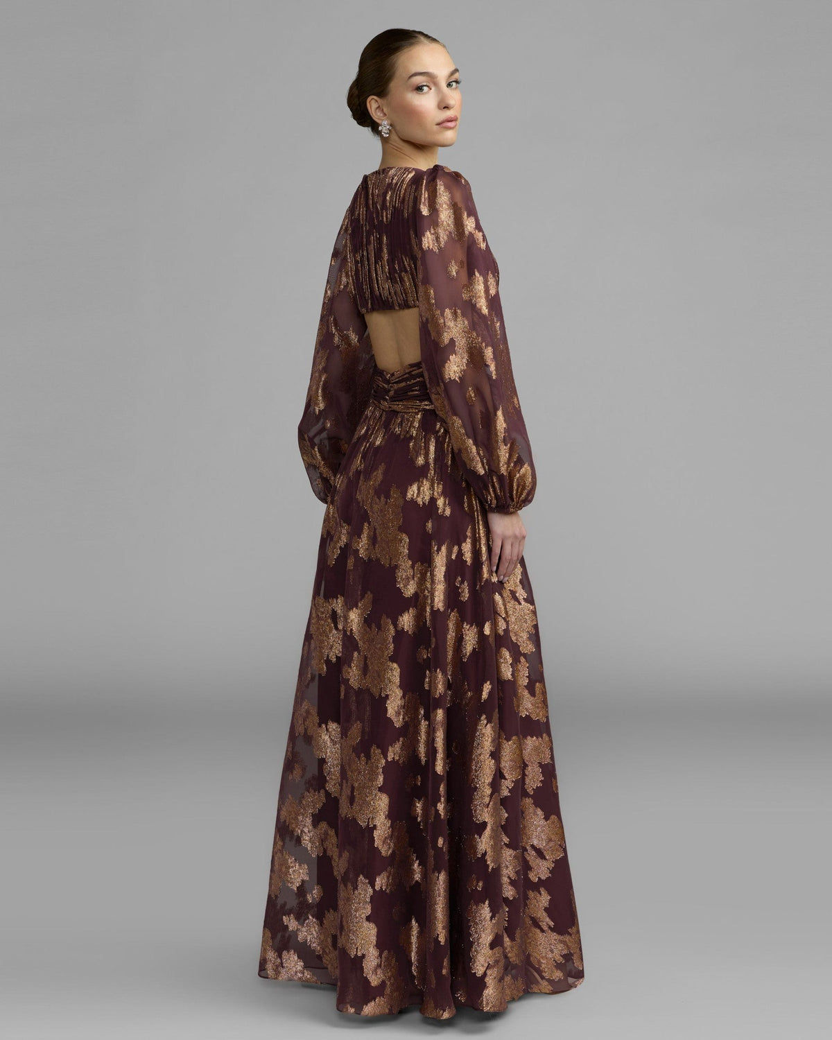 Wine Metallic Burnout Rosette A-Line Gown