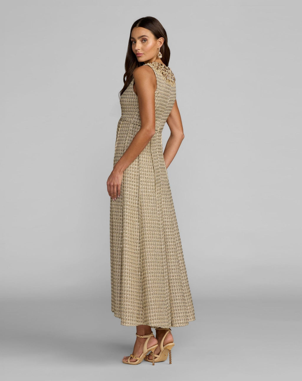 Nude Gold Embellished Boucle Sleeveless A-Line Dress