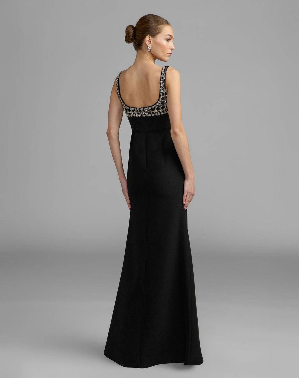 Black Sleeveless Crepe Gown With Embellished Bodice