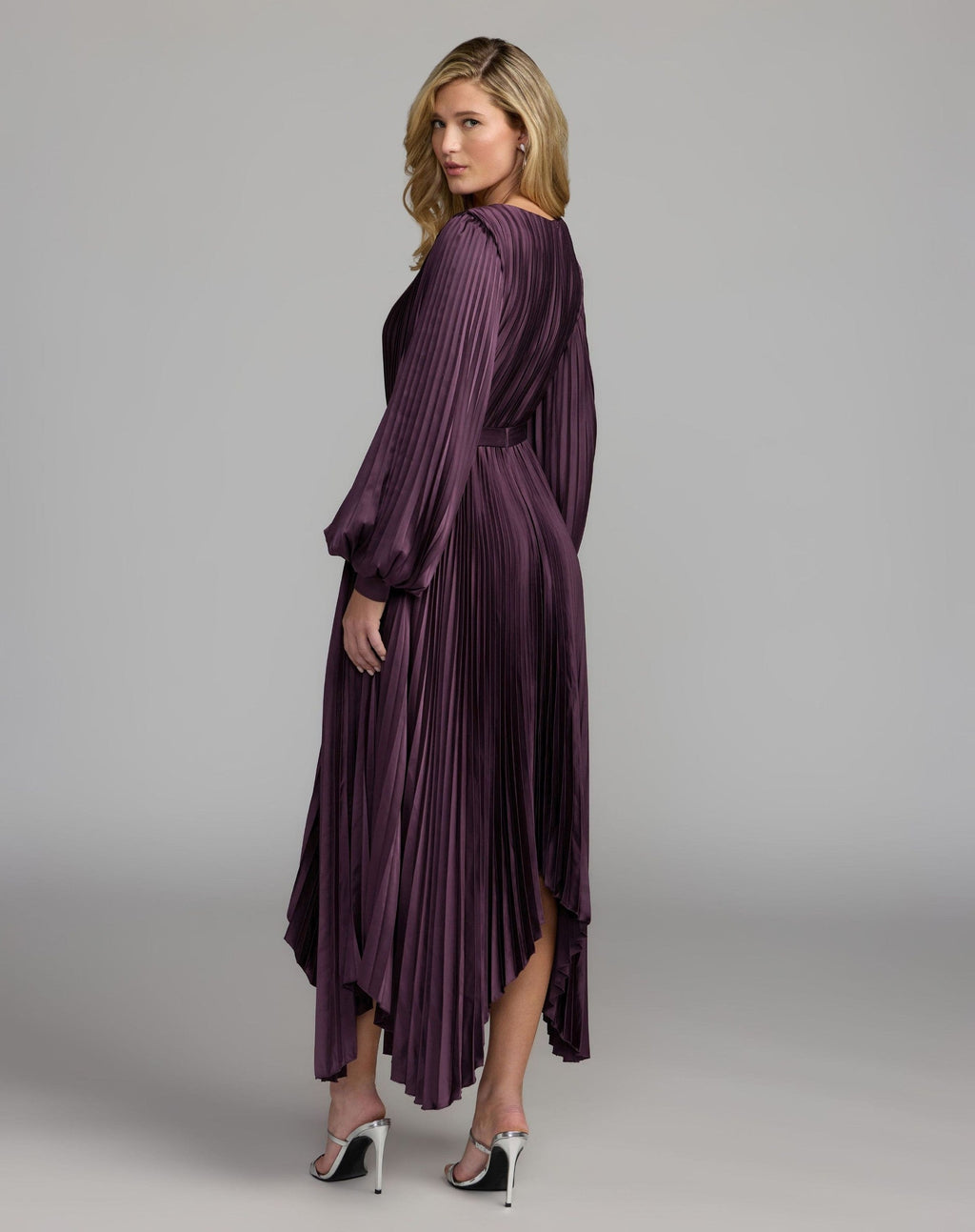 Plum Long Sleeve Pleated Charmeuse Handkerchief Dress
