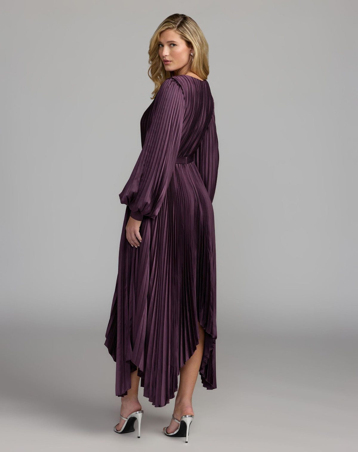 Plum Long Sleeve Pleated Charmeuse Handkerchief Dress