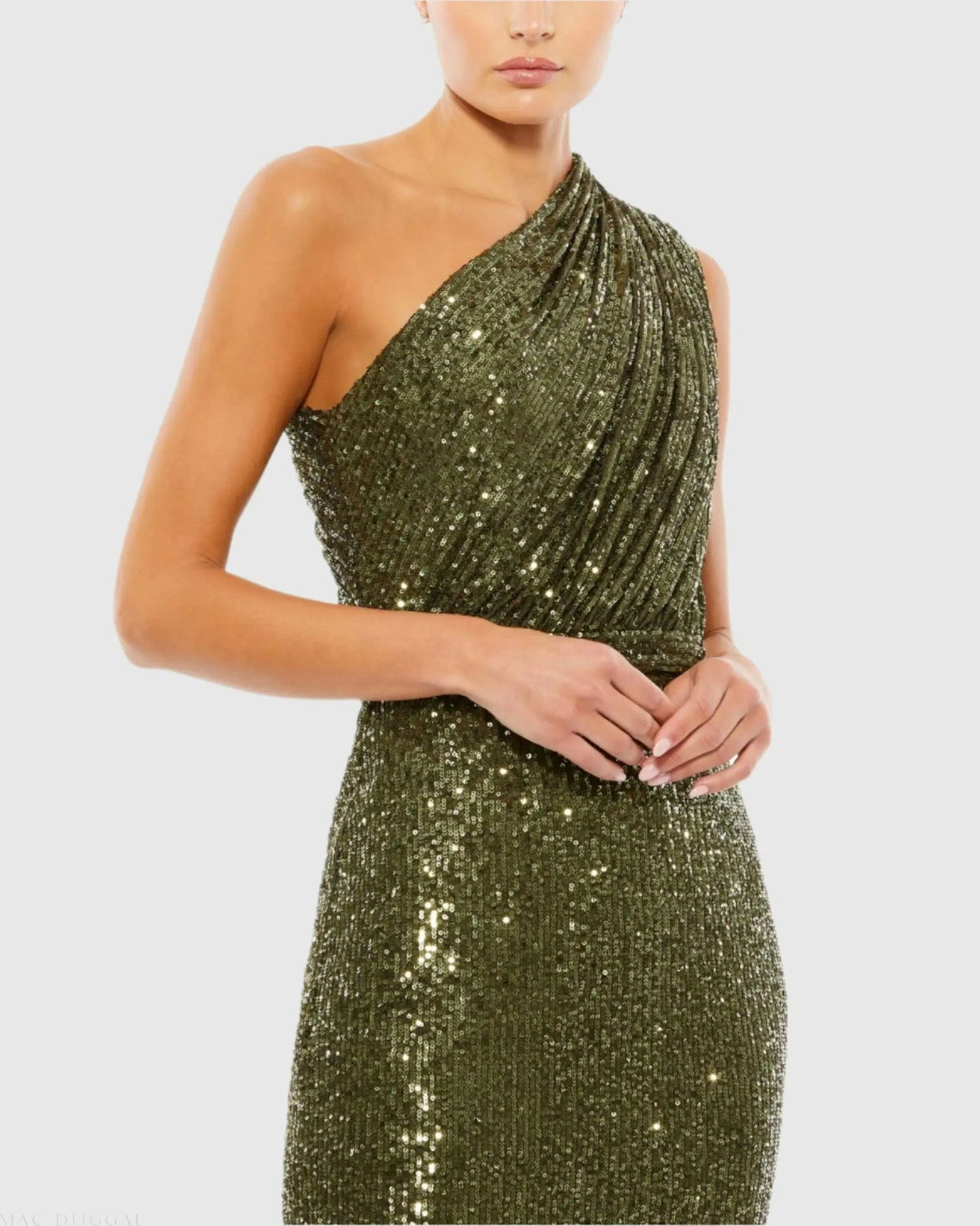 Olive Sequined Ruched One Shoulder Gown
