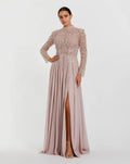 Light Purple Embellished Long Sleeve Gown with Slit