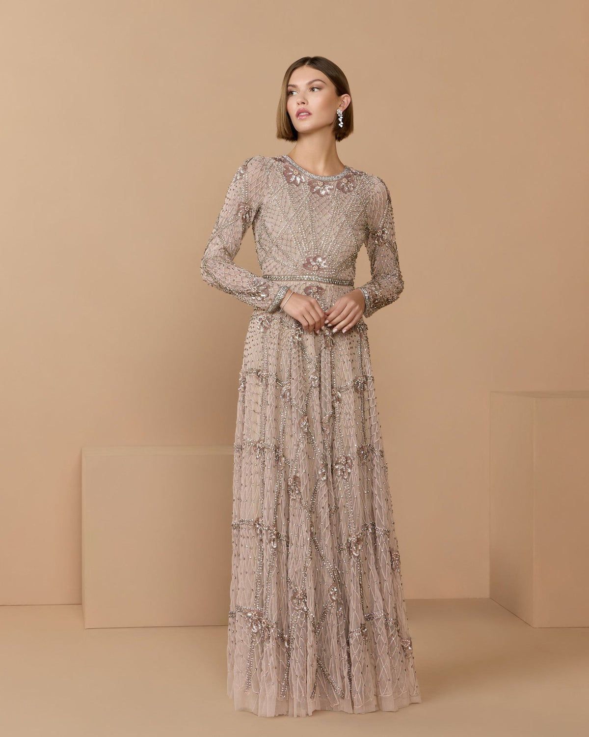 Rose Rhinestone Embellished Long Sleeve A-Line Gown