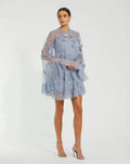 Blue Embellished Long Sleeve Trapeze Dress with Ruffle Hem