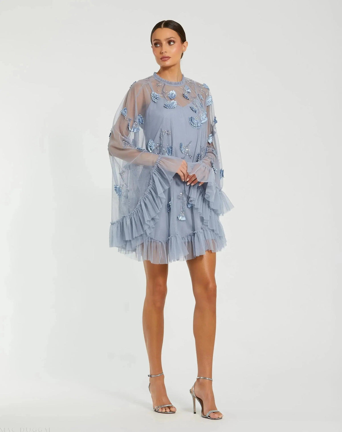 Embellished Long Sleeve Trapeze Dress with Ruffle Hem
