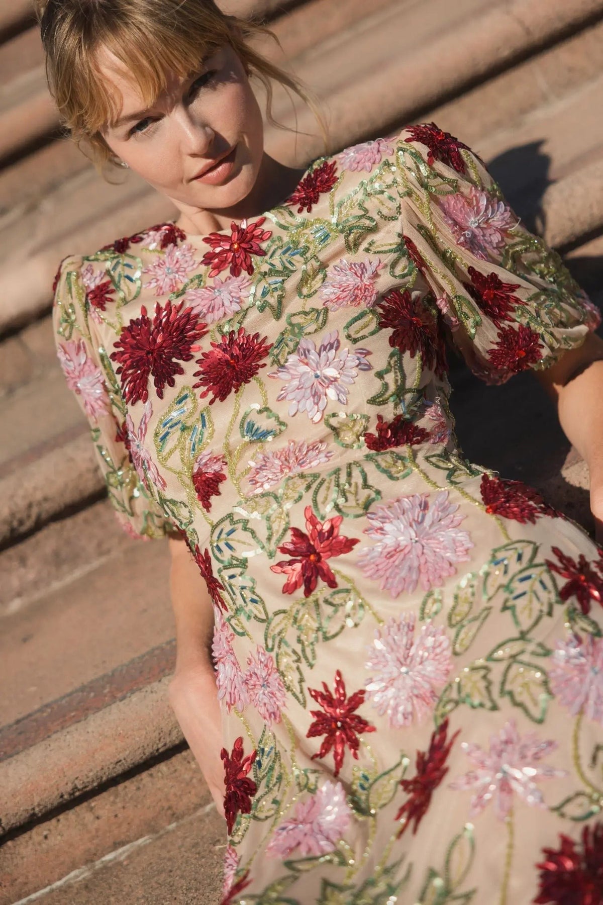 Beige Floral Beaded Mesh Puff Sleeve Gown
