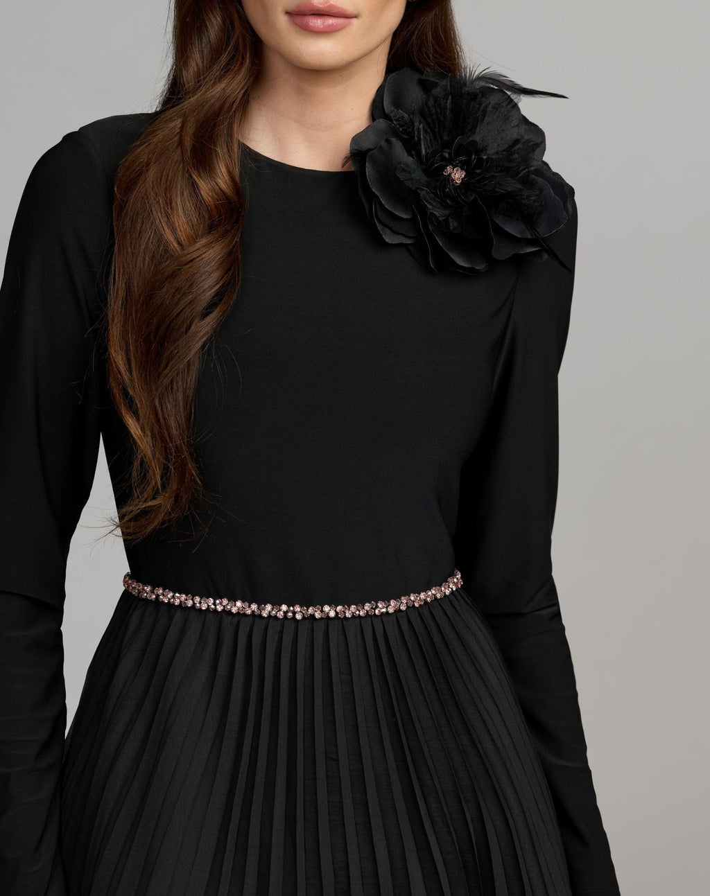 Black Pleated Organza Gown With 3D Flower