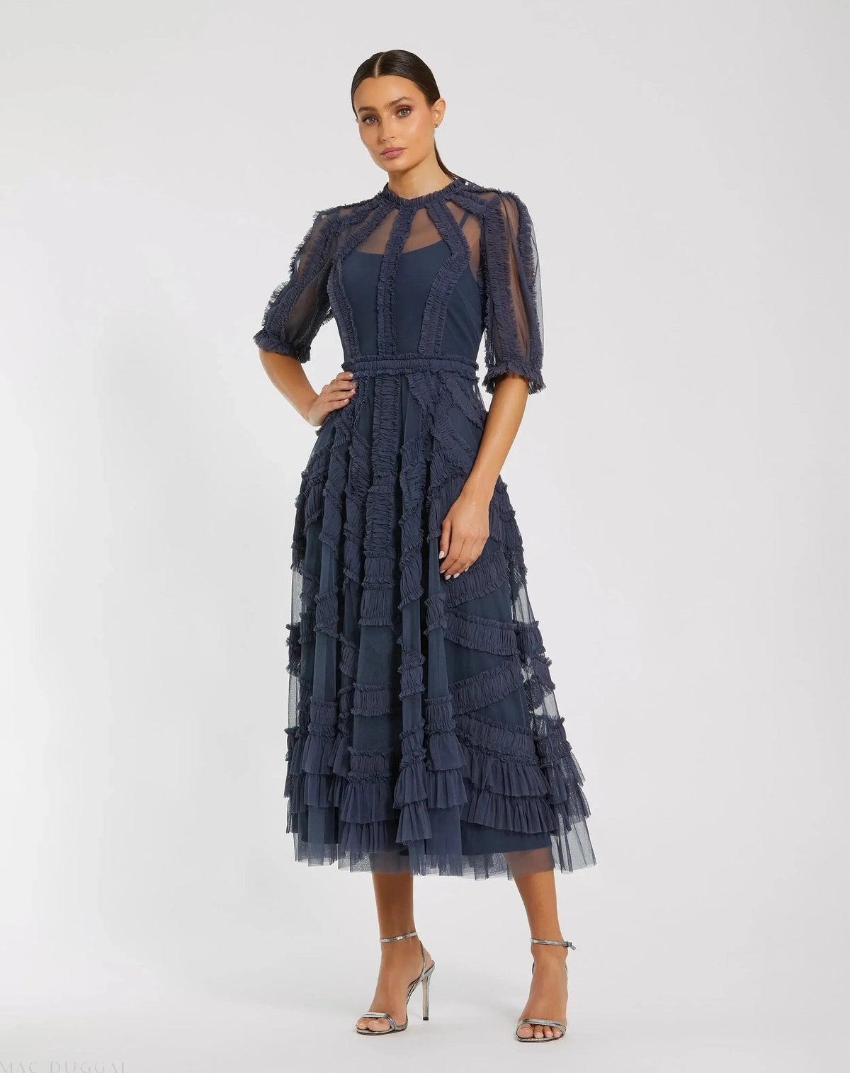 Navy High Neck Ruffle Tiered A-Line Midi Dress