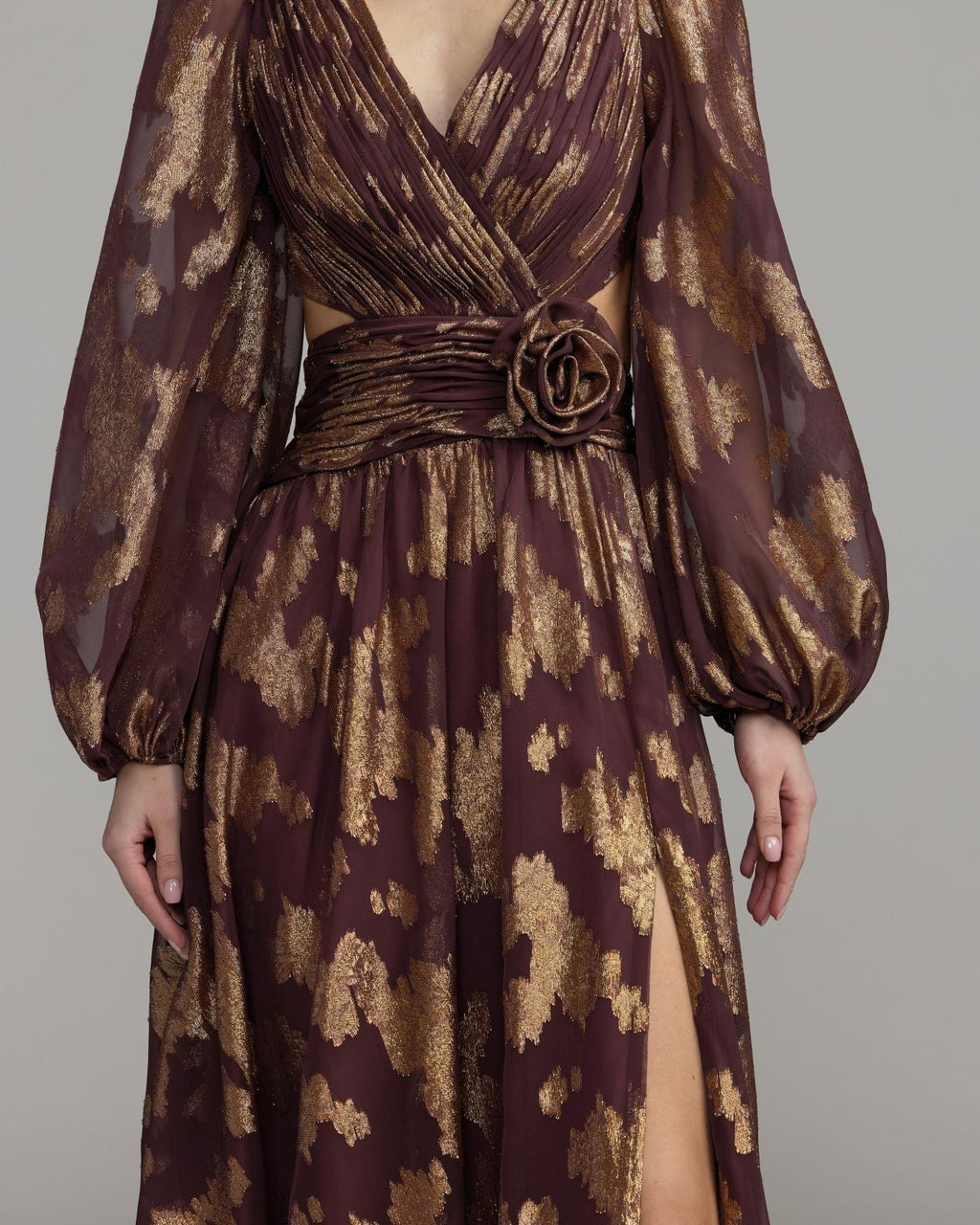 Wine Metallic Burnout Rosette A-Line Gown