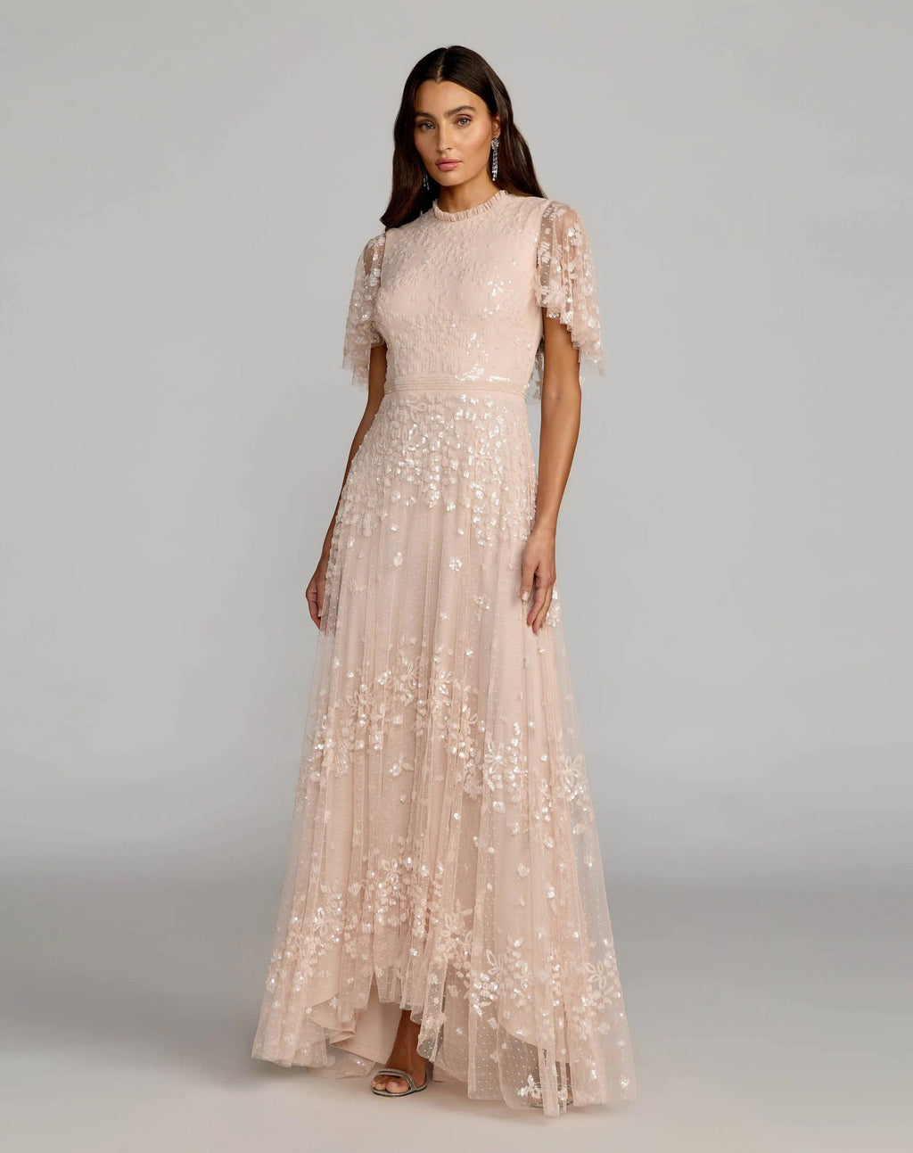 Blush Pink Sequined High Neck Flutter Sleeve A Line Gown