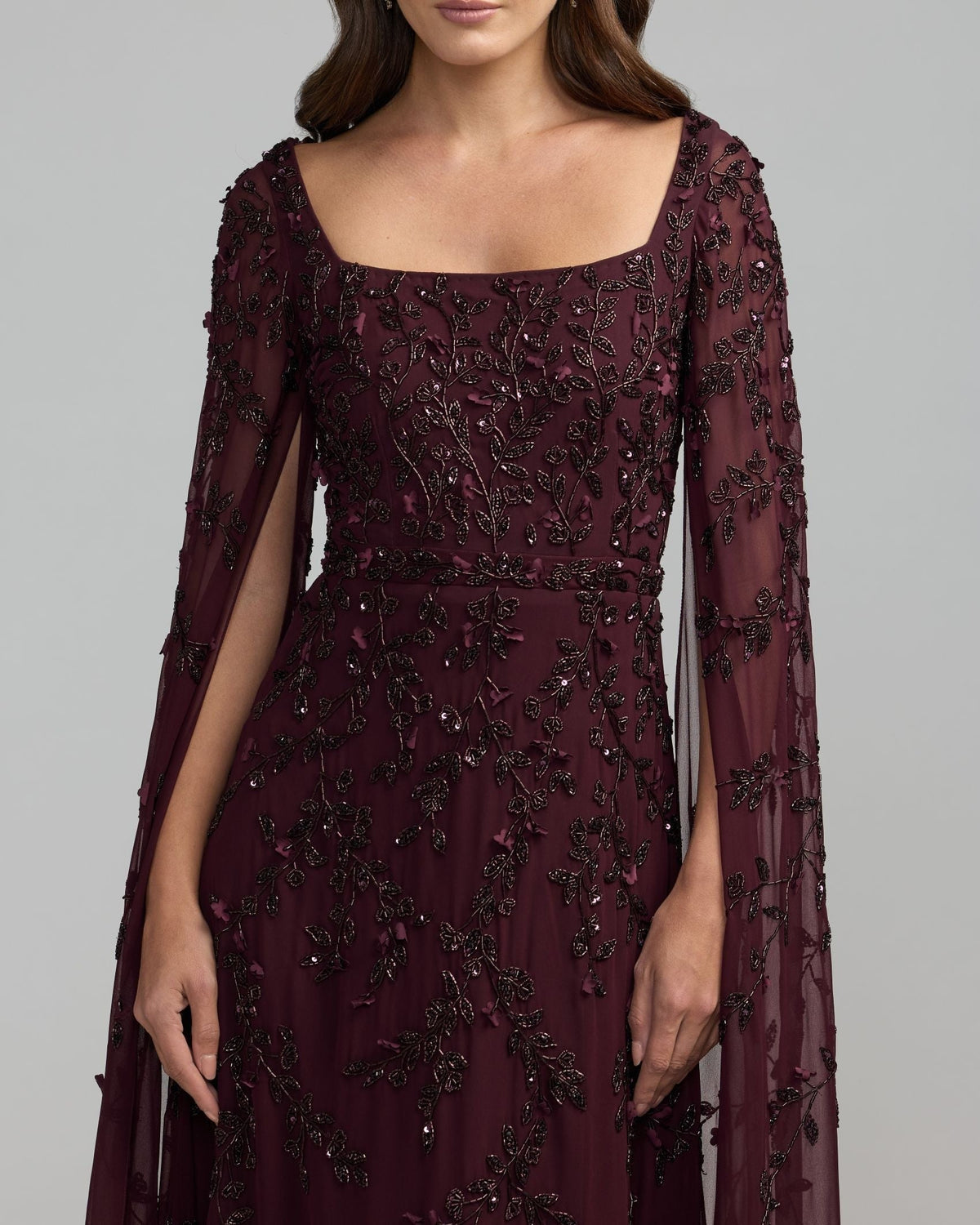 Aubergine Floral Embellished Cape Sleeve Gown