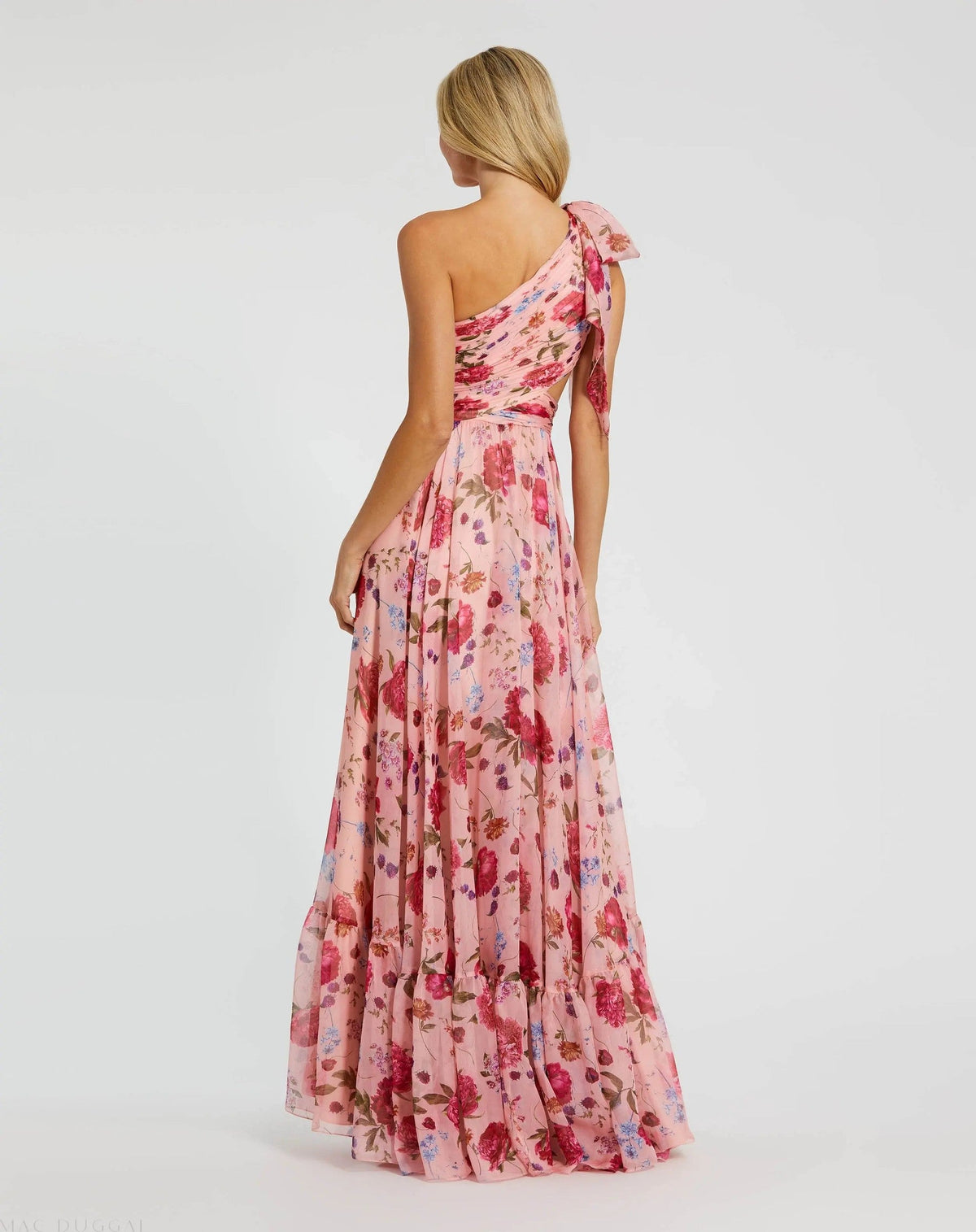 Blush Multi Floral Chiffon One Shoulder Cut Out Gown