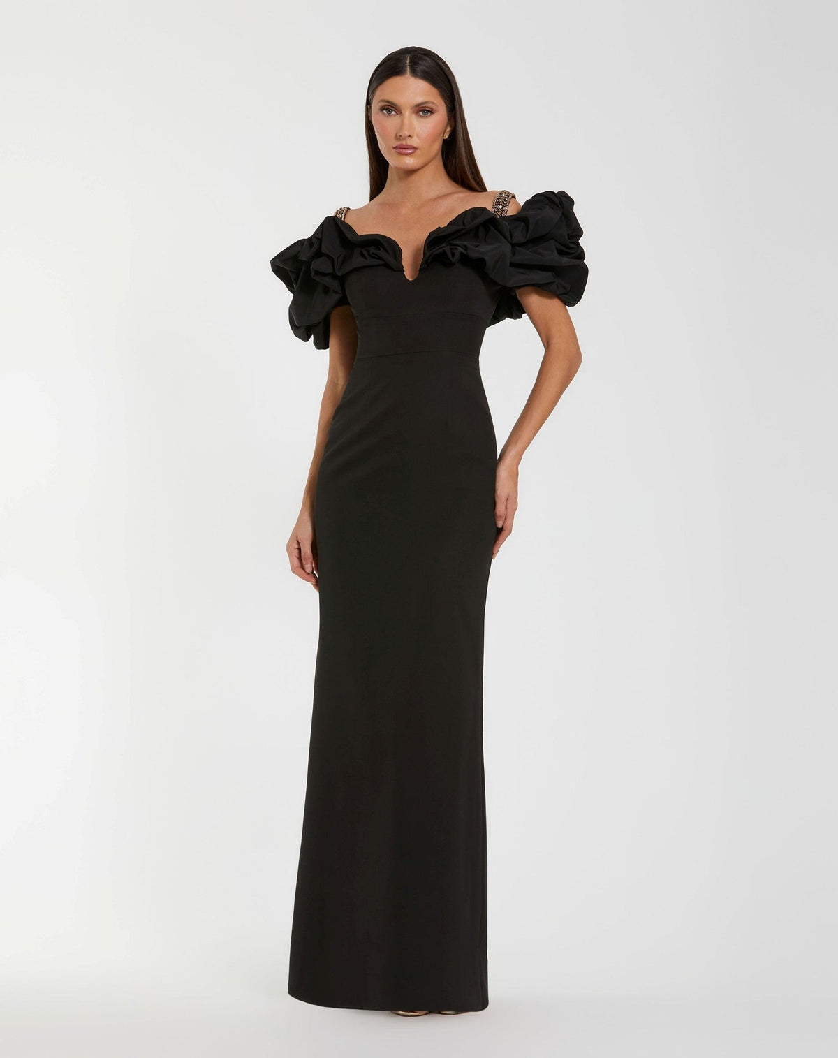 Black Ruffle Off The Shoulder Crepe Column Gown