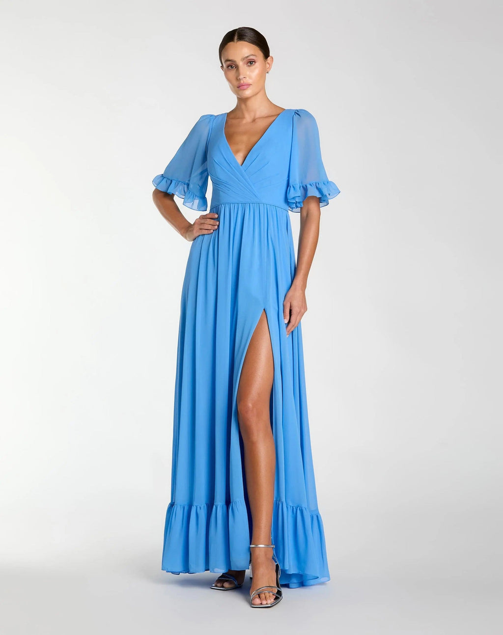 Fusion Blue Faux Wrap Ruffle Trim A-Line Gown