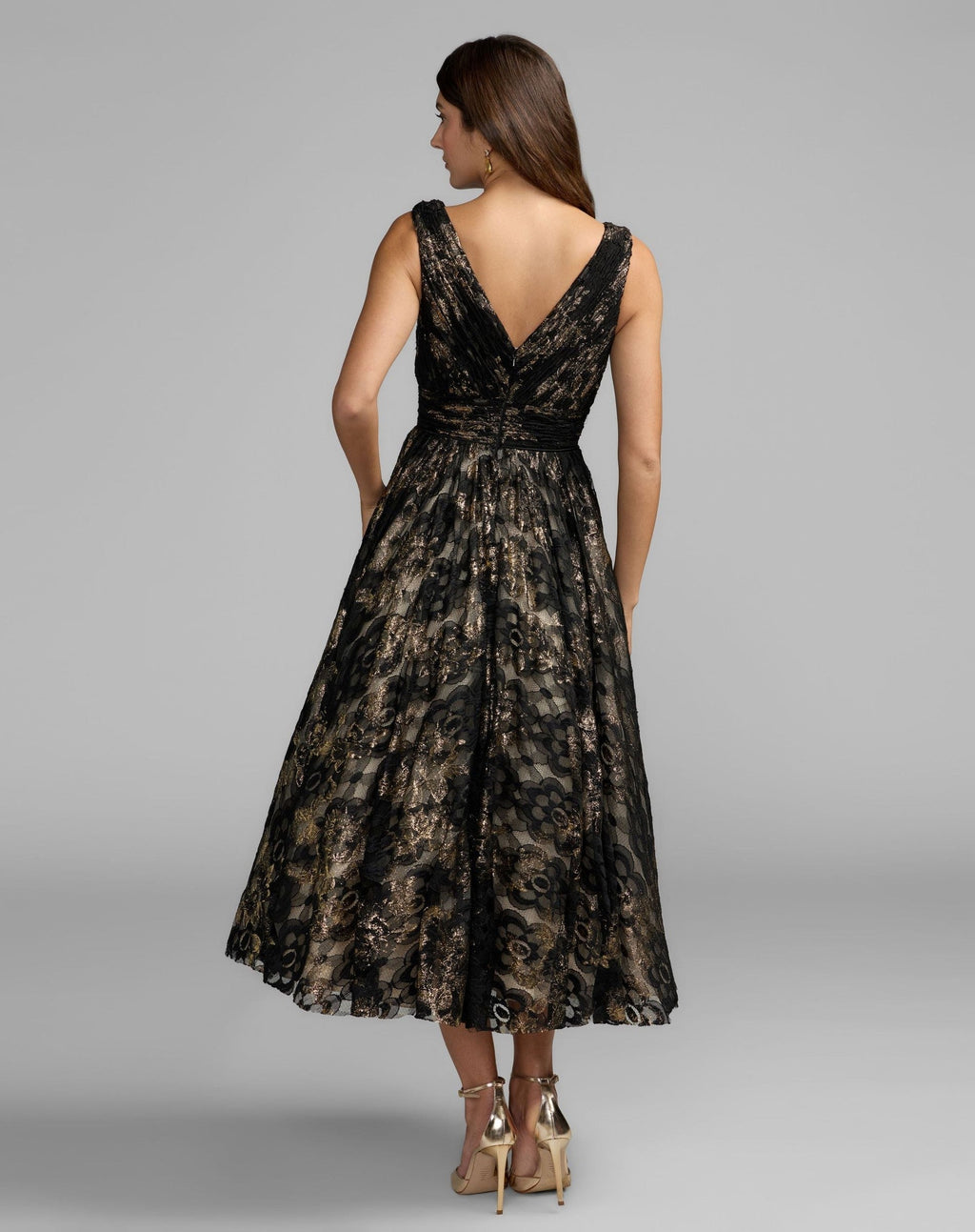 Black Metallic Lace Sleeveless V-Neck Midi Dress