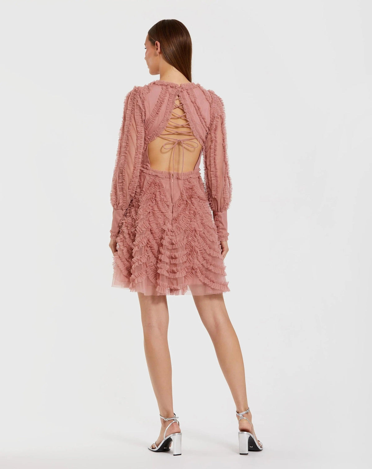 Rose Ruffle Lace Up Back Long Sleeve Mini Dress