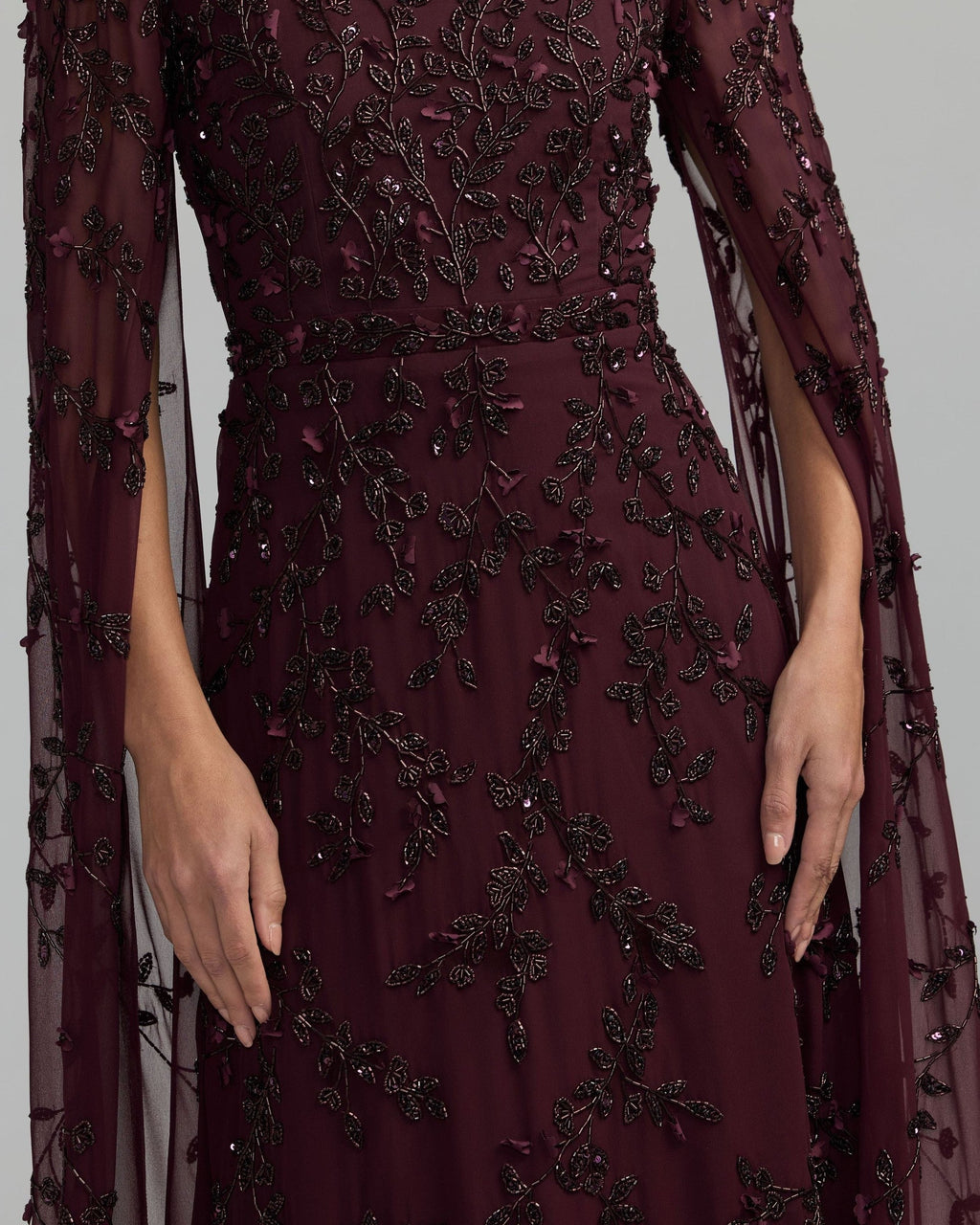 Aubergine Floral Embellished Cape Sleeve Gown