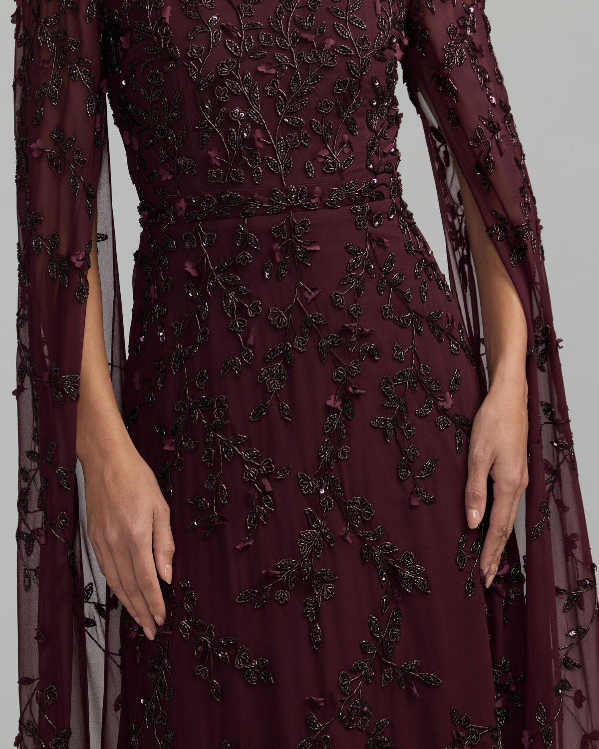 Aubergine Floral Embellished Cape Sleeve Gown