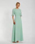Green Crepe A Line Gown With Beaded 3/4 Sleeves