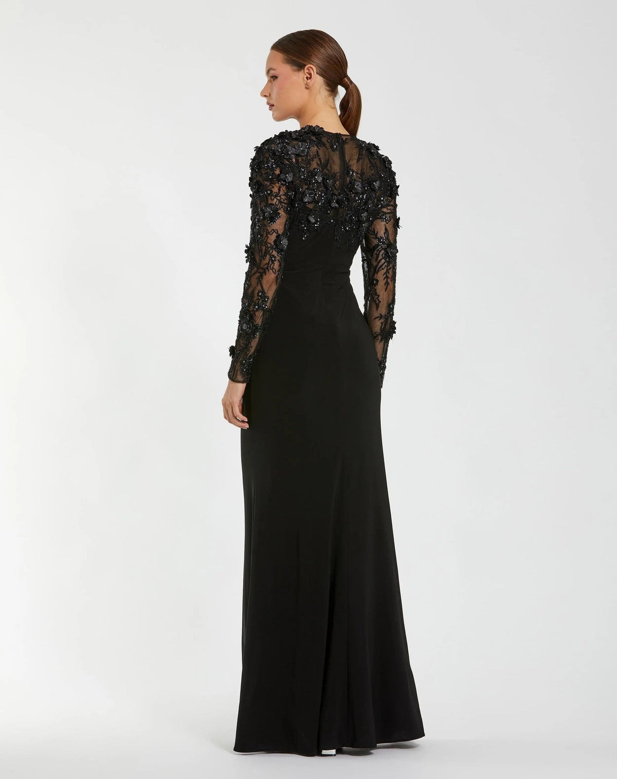 Black Long Sleeve Floral Embellished Column Gown