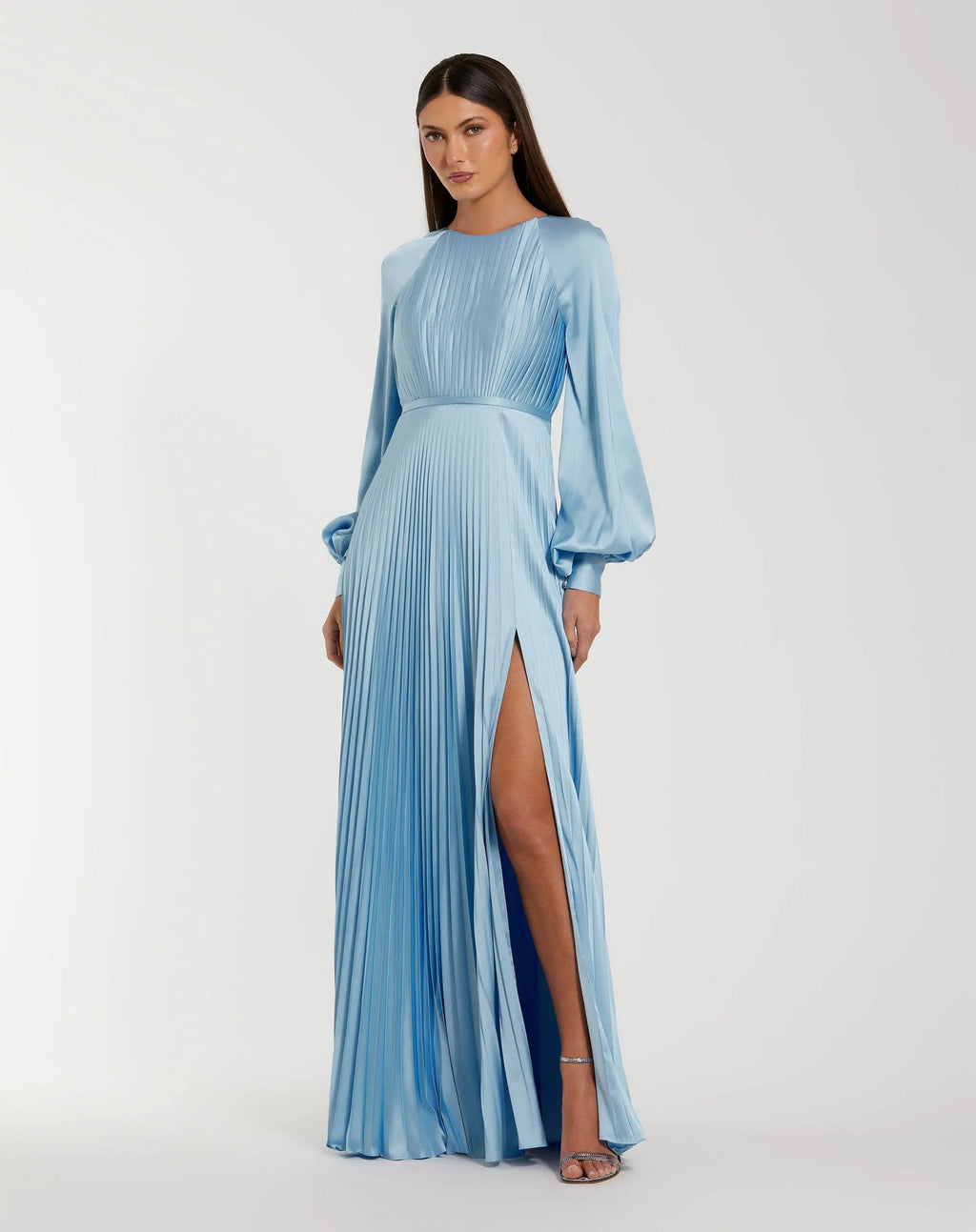 Ice Blue Pleated High Neck Long Sleeve Gown With Slit