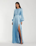 Ice Blue Pleated High Neck Long Sleeve Gown With Slit