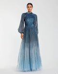 Blue Ombré Sequin Long Sleeve A-Line Gown
