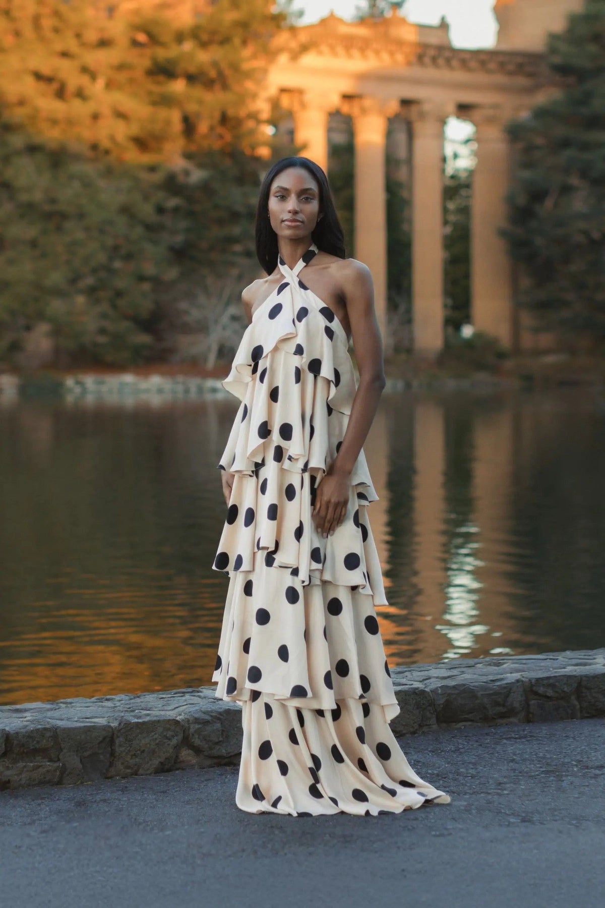 Beige Tiered Ruffle Polka Dot Charmeuse Gown