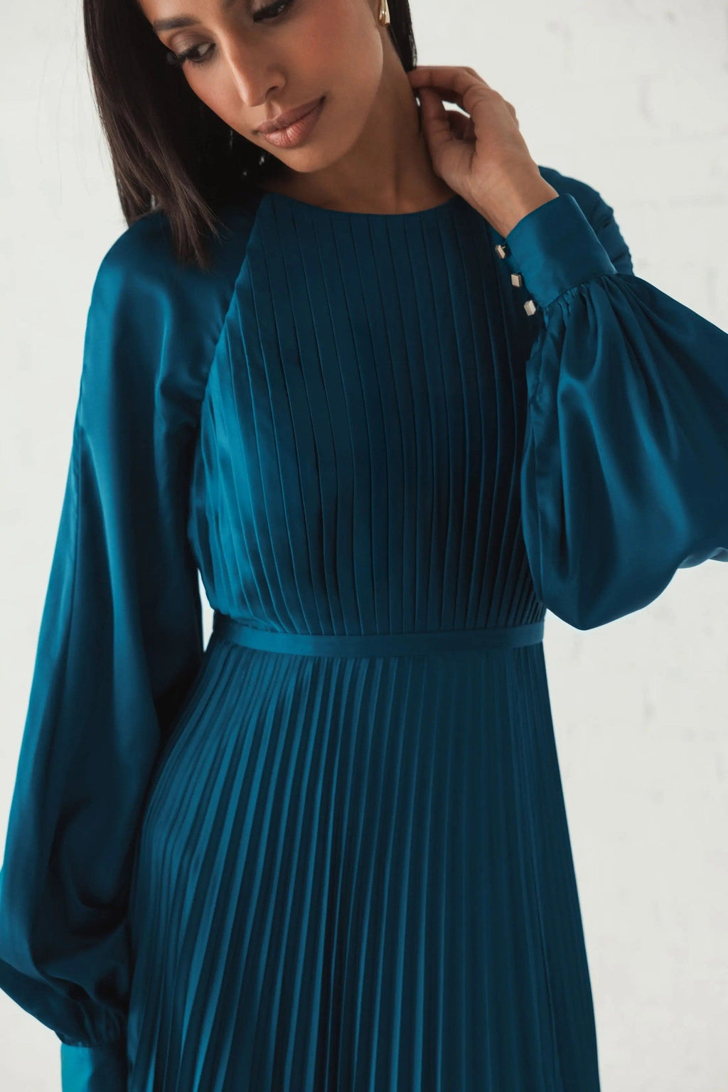 Peacock Pleated High Neck Long Sleeve Gown With Slit