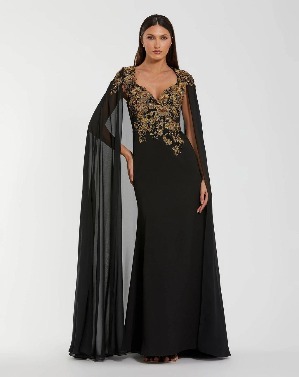 Black Gold Embellished Column Gown with Chiffon Cape Sleeves