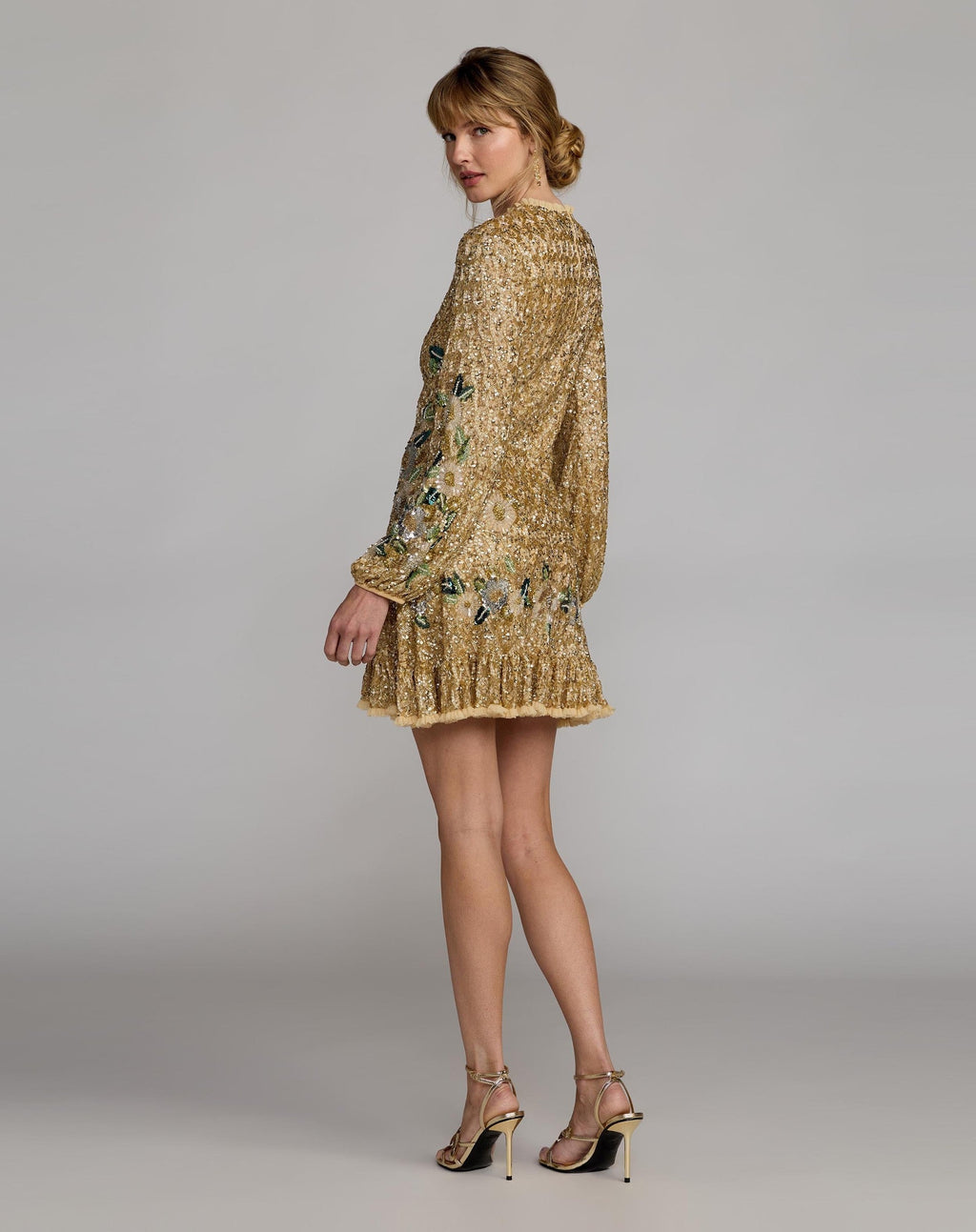 Gold Multi Floral Hand Beaded Long Sleeve Mini Dress